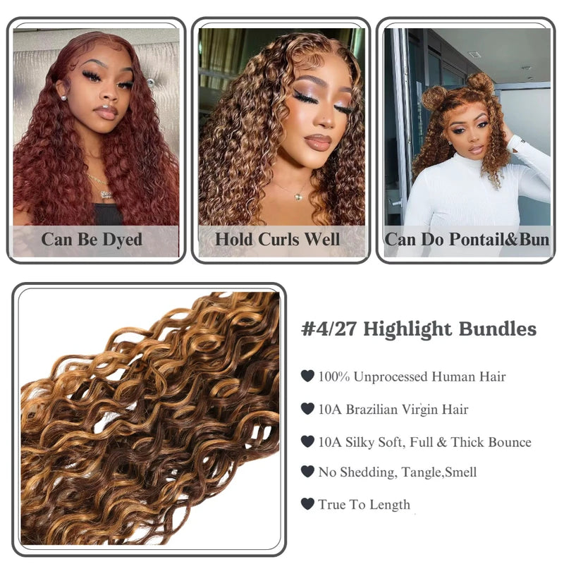 P4/27 Deep Wave Human Hair Bundles Highlight Dark Brown and Honey Blonde Water Wave Hair Bundle Hair Highlight Brown Color