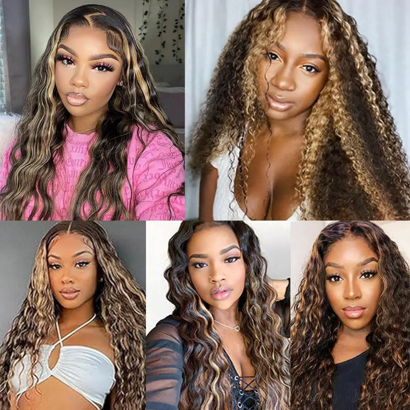 P4/27 Deep Wave Human Hair Bundles Highlight Dark Brown and Honey Blonde Water Wave Hair Bundle Hair Highlight Brown Color