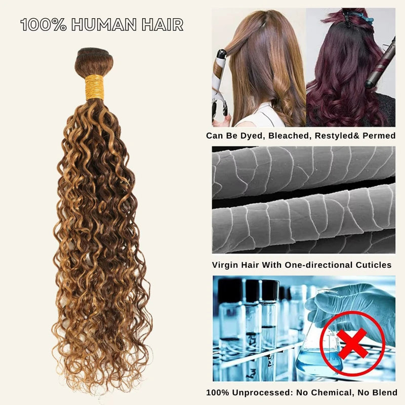 P4/27 Deep Wave Human Hair Bundles Highlight Dark Brown and Honey Blonde Water Wave Hair Bundle Hair Highlight Brown Color