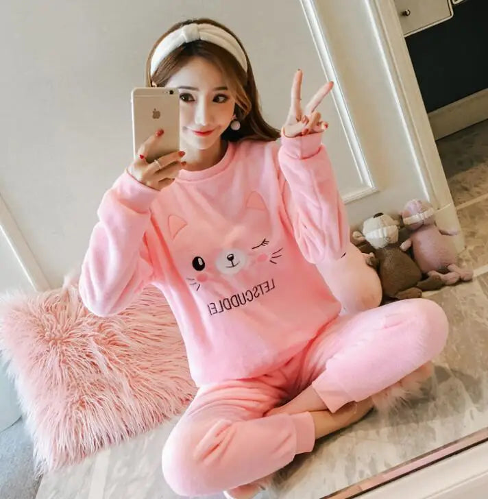 Autumn Winter Women Thicken Coral fleece pajamas set sleepwear Cartoon sweet Long sleeve Home service suit Female WHX01