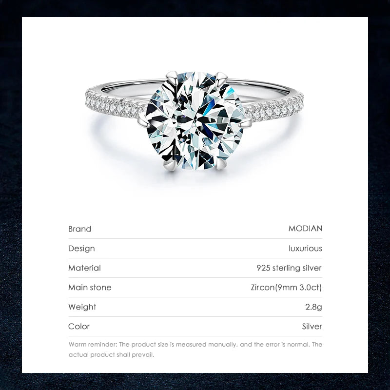 MODIAN-Simulado Anel de Diamante para Mulheres, 3 Carat, 925 Sterling Silver, Anel Coroa para Casamento, Declaração de Noivado, Jóias Finas