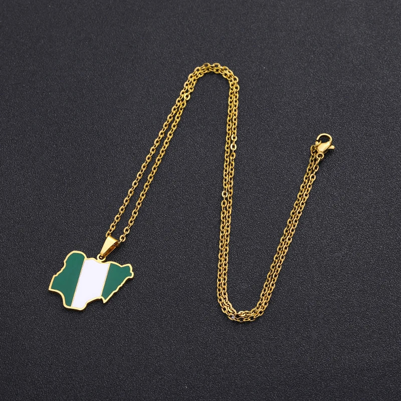 Africa Nigeria Map Flag Pendant Necklace Men Women Stainless Steel Gold Silver Color African Jewelry Gift