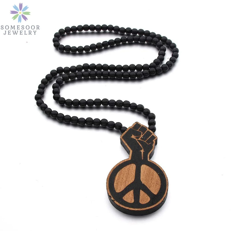SOMESOOR Africa Map Wood Beads String Necklace Afro Lion Peace Symbol Power Fist Pendant Hip Hop Jewelry For Men Women Gifts