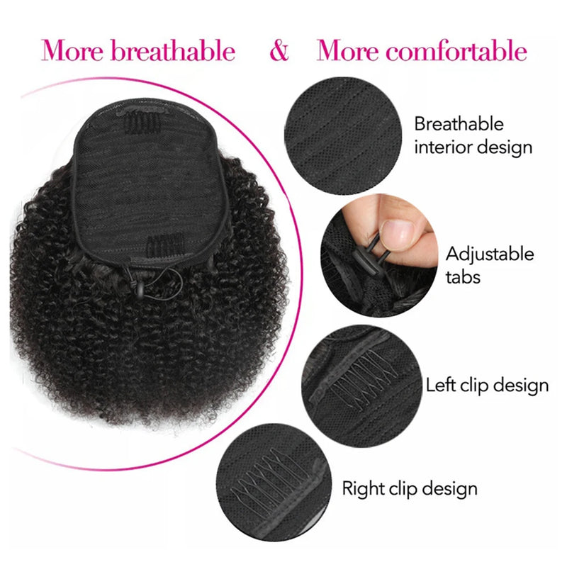 Maxine-Afro Kinky Curly Ponytail Extensões, Clip-in Drawstring Ponytail, Bun Hairpieces, Cabelo Humano, 4B, 4C