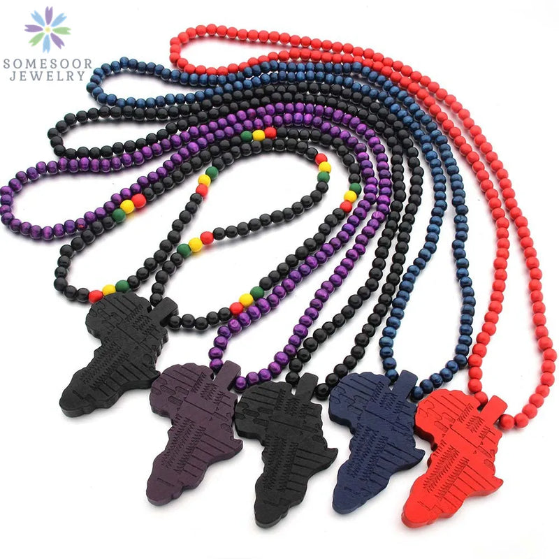 SOMESOOR Engraved Africa Map Natural Wood Beads Necklaces Handmade Elastic Chain Rock Hiphop Dangle Jewelry For Women Gifts