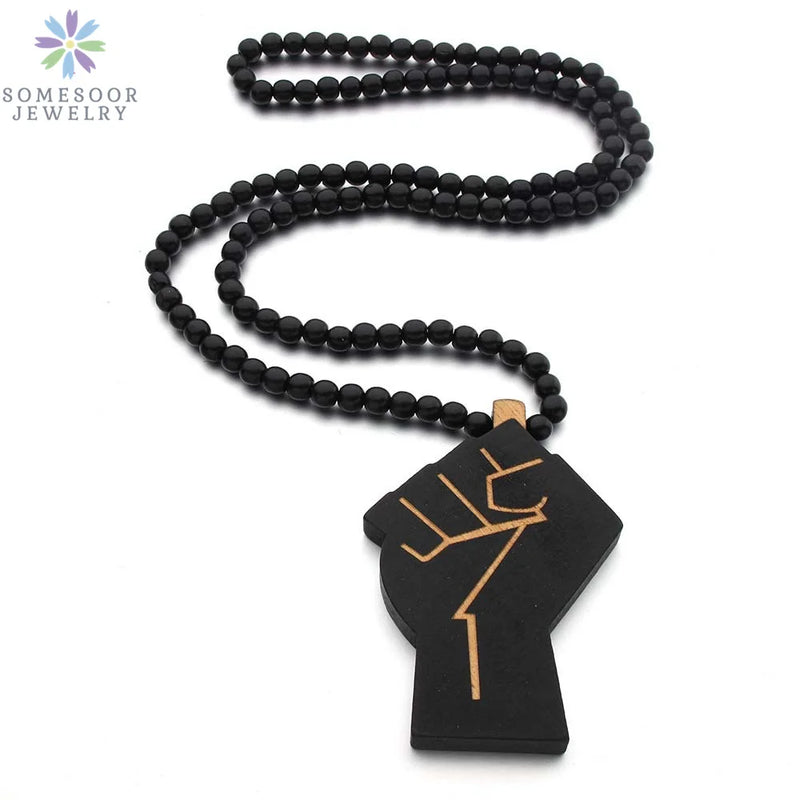 SOMESOOR Africa Map Wood Beads String Necklace Afro Lion Peace Symbol Power Fist Pendant Hip Hop Jewelry For Men Women Gifts