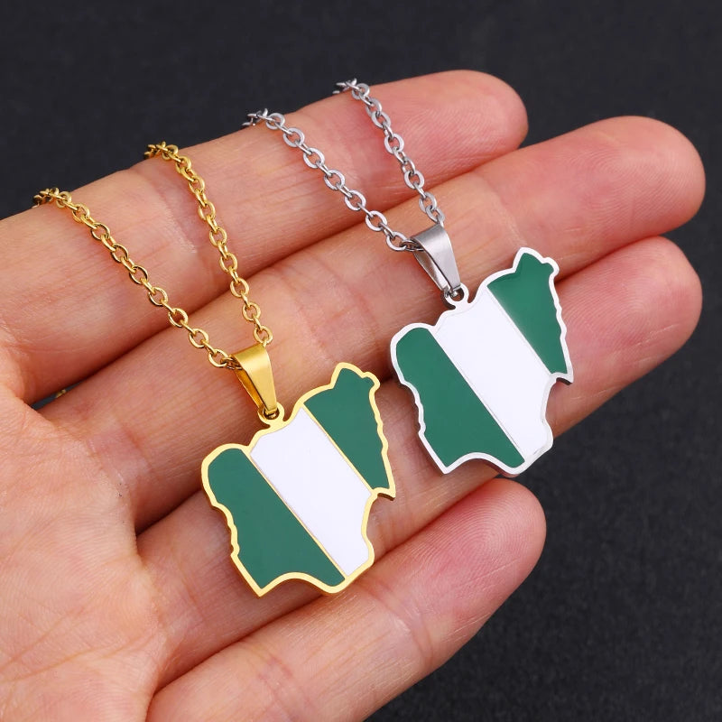 Africa Nigeria Map Flag Pendant Necklace Men Women Stainless Steel Gold Silver Color African Jewelry Gift