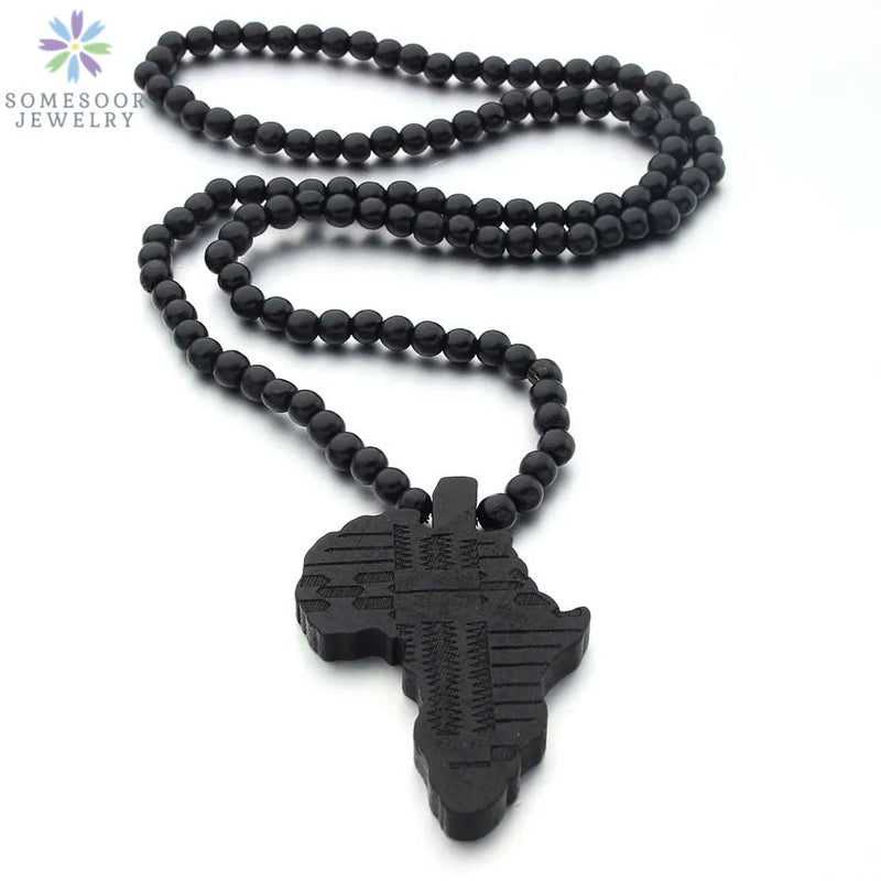 SOMESOOR Engraved Africa Map Natural Wood Beads Necklaces Handmade Elastic Chain Rock Hiphop Dangle Jewelry For Women Gifts