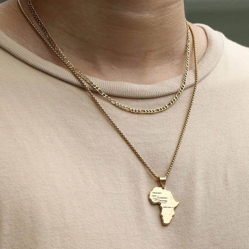 Gold Color Double Chains Africa Map Pendant for Men Women Stainless Steel Box Figaro Link Pendant Necklace Christmas Gift KN647A