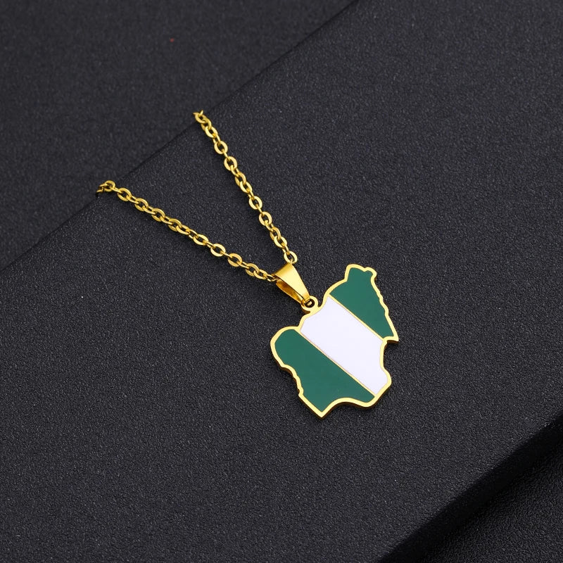 Africa Nigeria Map Flag Pendant Necklace Men Women Stainless Steel Gold Silver Color African Jewelry Gift