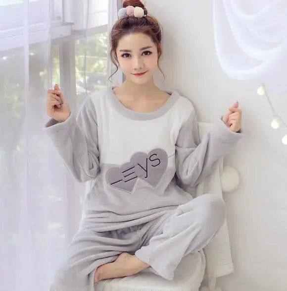 Autumn Winter Women Thicken Coral fleece pajamas set sleepwear Cartoon sweet Long sleeve Home service suit Female WHX01