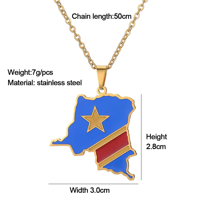Africa Democratic Republic of the Congo Map Flag Pendant Necklace Gold/Steel Color Men/Women Stainless Steel Map Ethnic jewelry