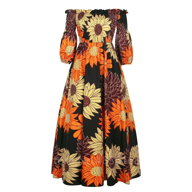 Vestido de festa estampado nacional africano para mulheres, vestido maxi casual feminino, sexy com gola de barra, manga comprida, vestido elegante solto, vintage, novo