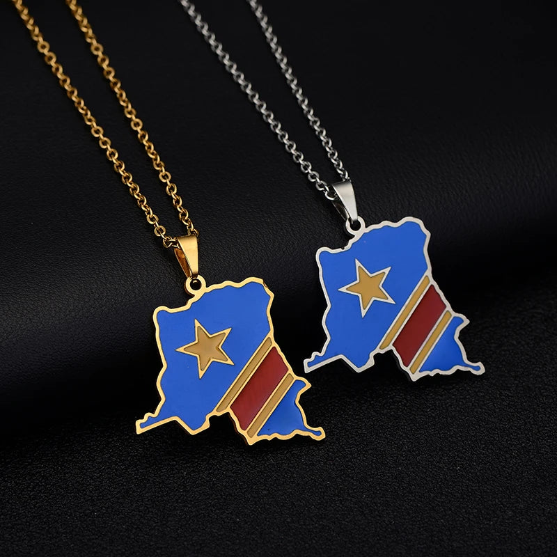 Africa Democratic Republic of the Congo Map Flag Pendant Necklace Gold/Steel Color Men/Women Stainless Steel Map Ethnic jewelry