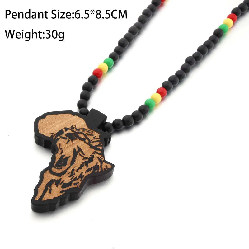 SOMESOOR Africa Map Wood Beads String Necklace Afro Lion Peace Symbol Power Fist Pendant Hip Hop Jewelry For Men Women Gifts