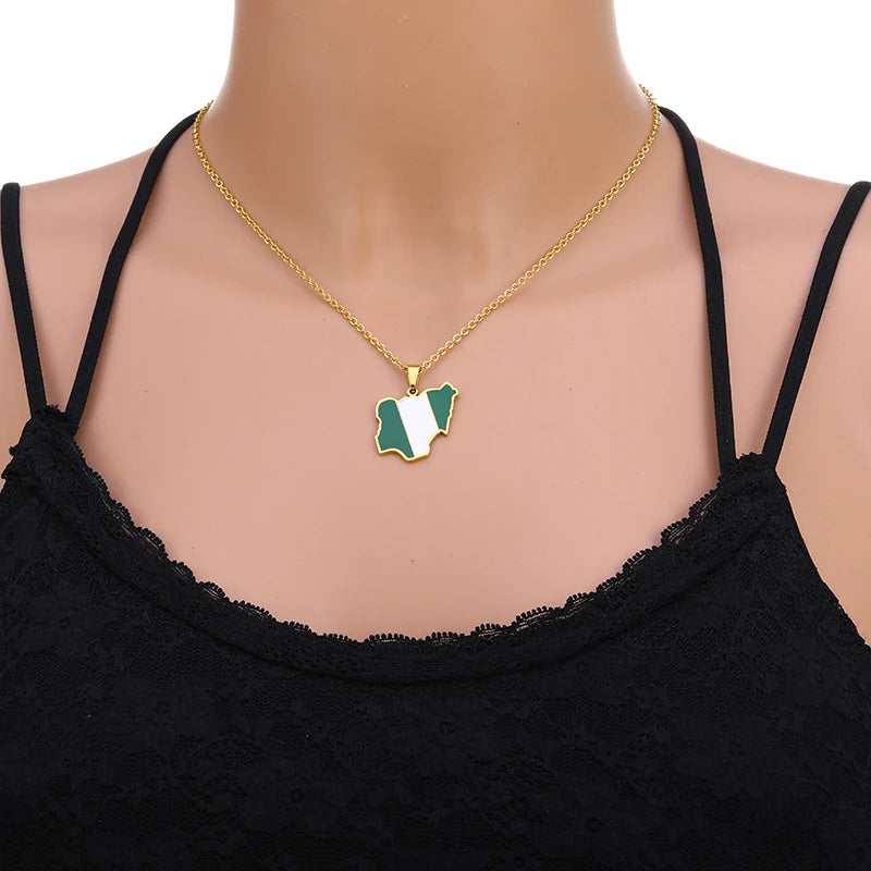 Africa Nigeria Map Flag Pendant Necklace Men Women Stainless Steel Gold Silver Color African Jewelry Gift