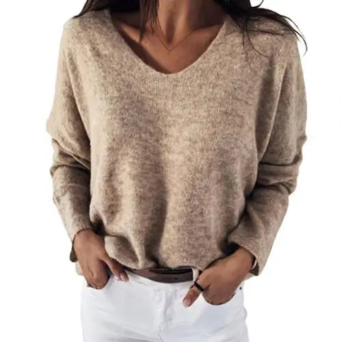 Women Autumn Loose Solid Color V Neck Long Sleeve Plush Pullover Sweater Top