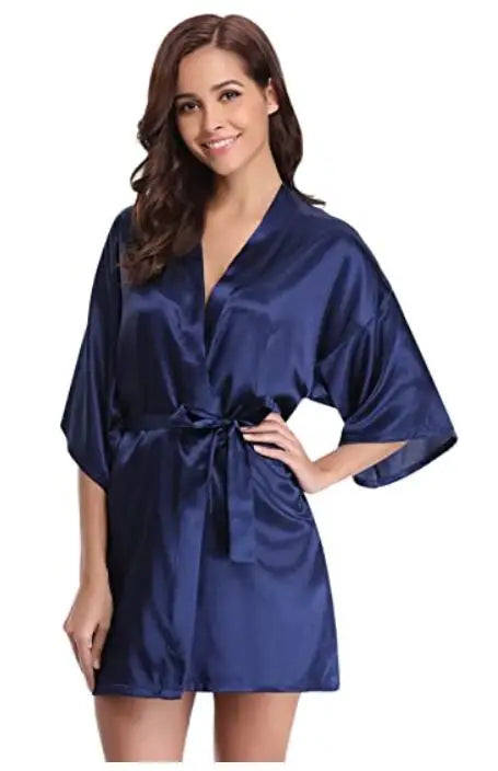 New Silk Kimono Robe Bathrobe Women Silk Bridesmaid Robes Sexy Navy Blue Robes Satin Robe Ladies Dressing Gowns