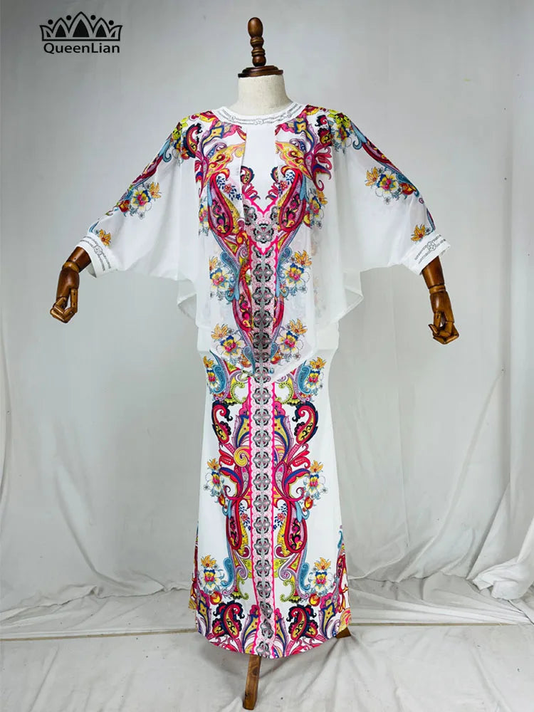 Verão feminino longo africano design chiffon vestido com asas de morcego diamante impressão moda para senhora (cpxf09