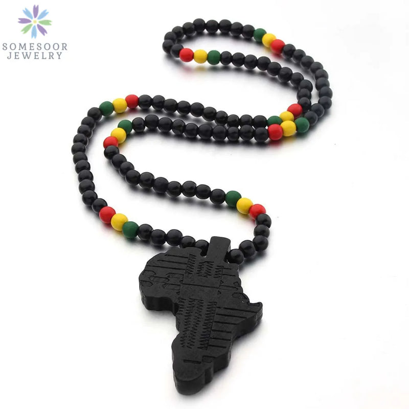 SOMESOOR Engraved Africa Map Natural Wood Beads Necklaces Handmade Elastic Chain Rock Hiphop Dangle Jewelry For Women Gifts