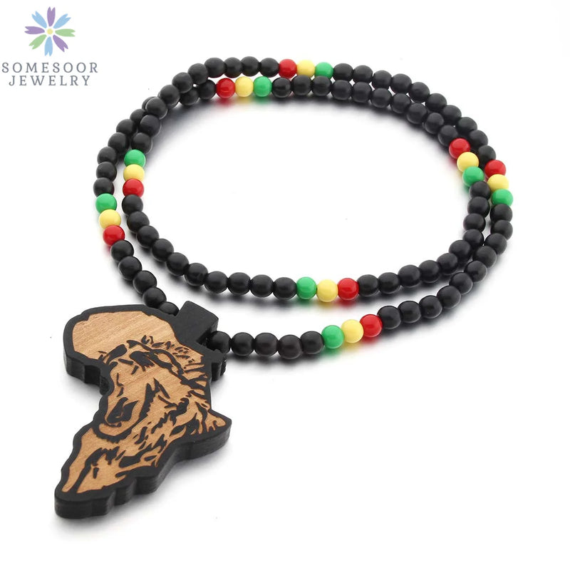 SOMESOOR Africa Map Wood Beads String Necklace Afro Lion Peace Symbol Power Fist Pendant Hip Hop Jewelry For Men Women Gifts