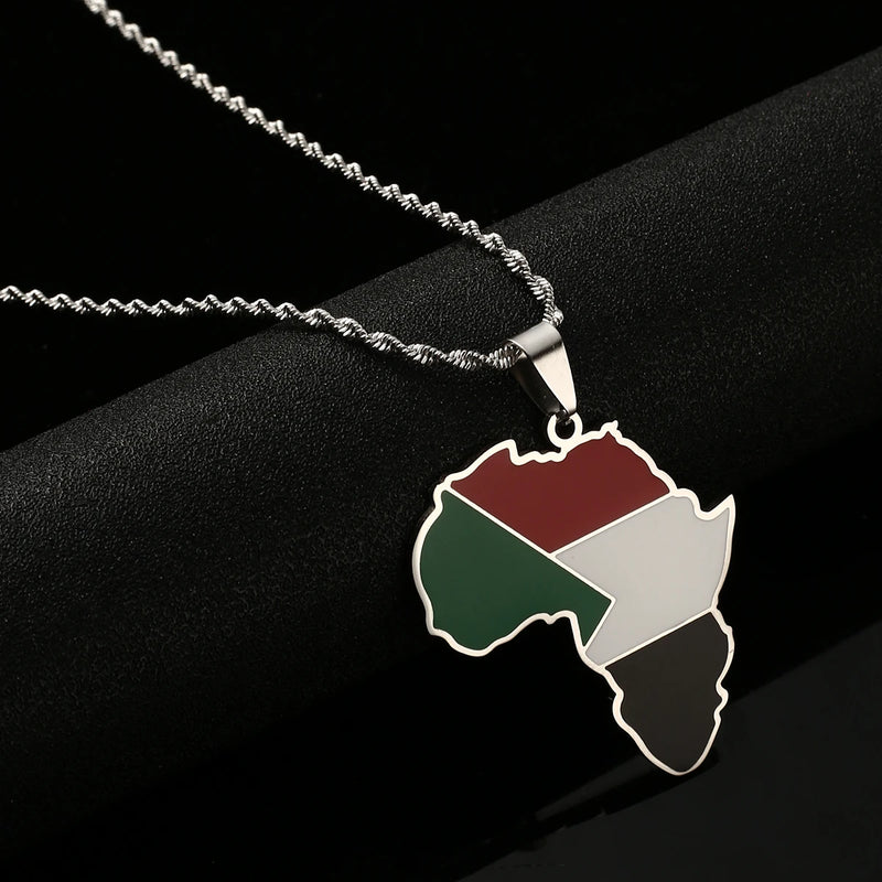 African Original Sudan Flag Pendant Necklaces Stainless Steel Africa Map Jewelry