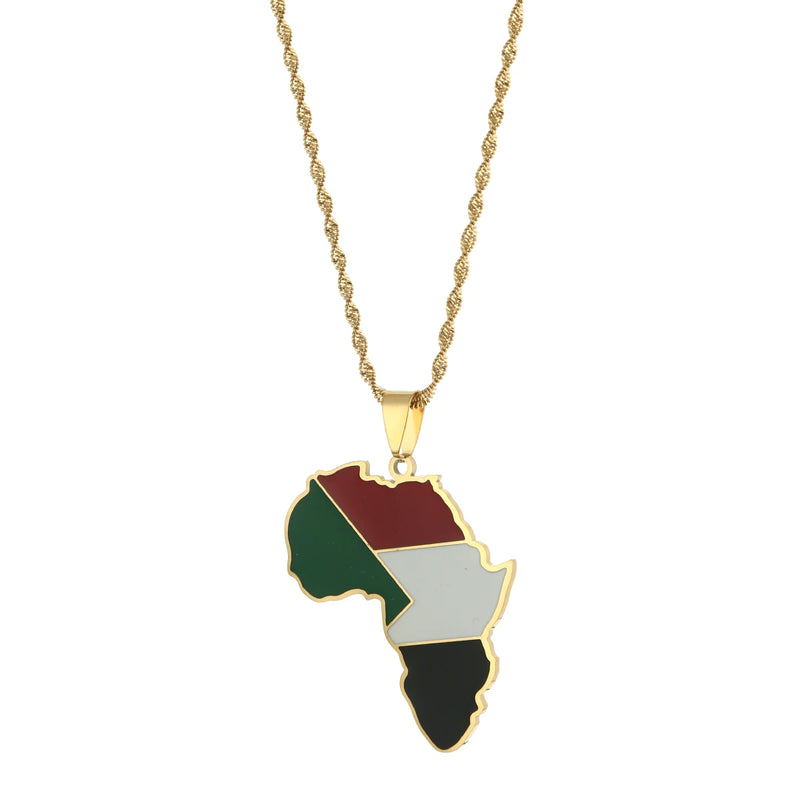 African Original Sudan Flag Pendant Necklaces Stainless Steel Africa Map Jewelry