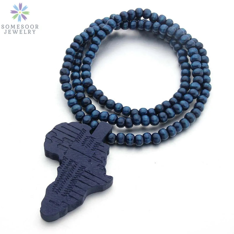 SOMESOOR Engraved Africa Map Natural Wood Beads Necklaces Handmade Elastic Chain Rock Hiphop Dangle Jewelry For Women Gifts