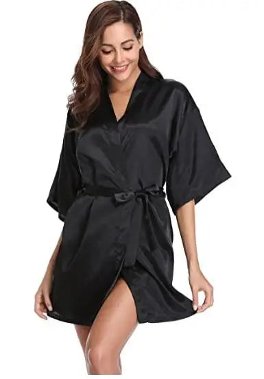 New Silk Kimono Robe Bathrobe Women Silk Bridesmaid Robes Sexy Navy Blue Robes Satin Robe Ladies Dressing Gowns