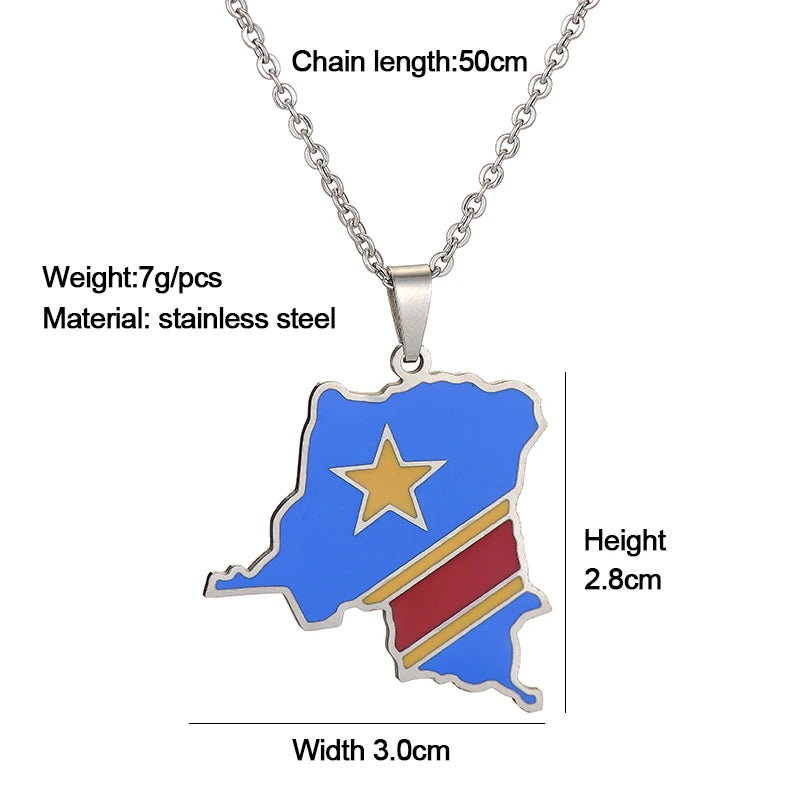 Africa Democratic Republic of the Congo Map Flag Pendant Necklace Gold/Steel Color Men/Women Stainless Steel Map Ethnic jewelry