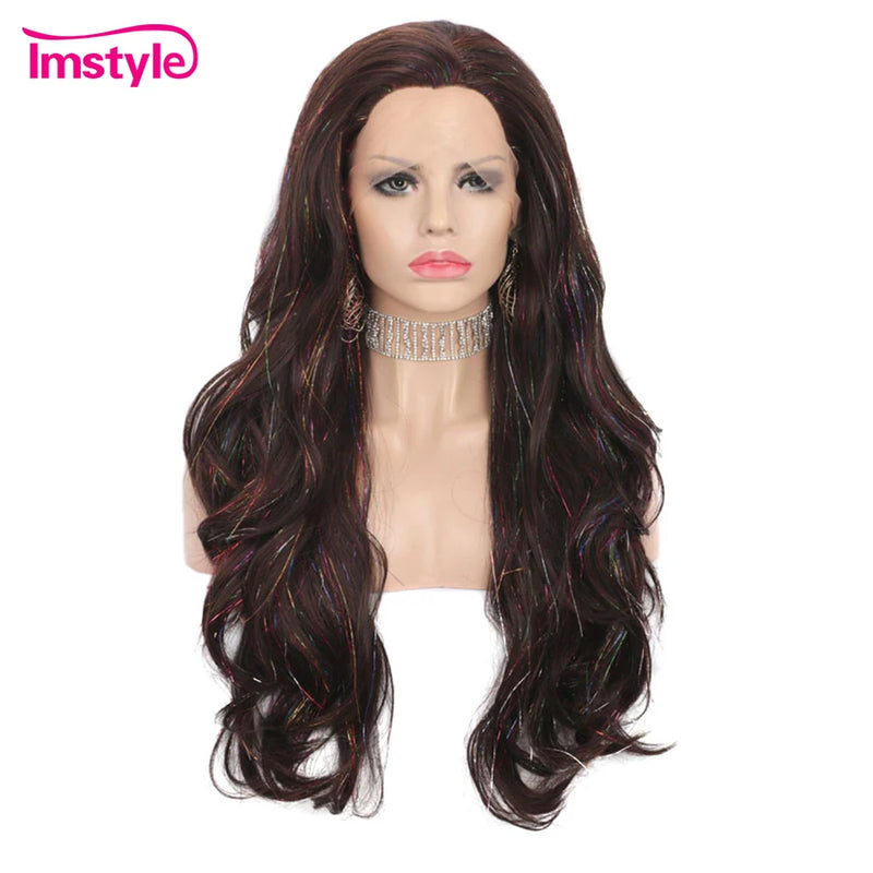 Imstyle Tinsel Wigs Black Brown Synthetic Lace Front Wig Long Natural Wavy Wigs For Women Party Glitter Wig