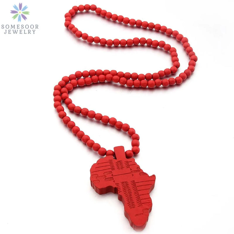 SOMESOOR Engraved Africa Map Natural Wood Beads Necklaces Handmade Elastic Chain Rock Hiphop Dangle Jewelry For Women Gifts