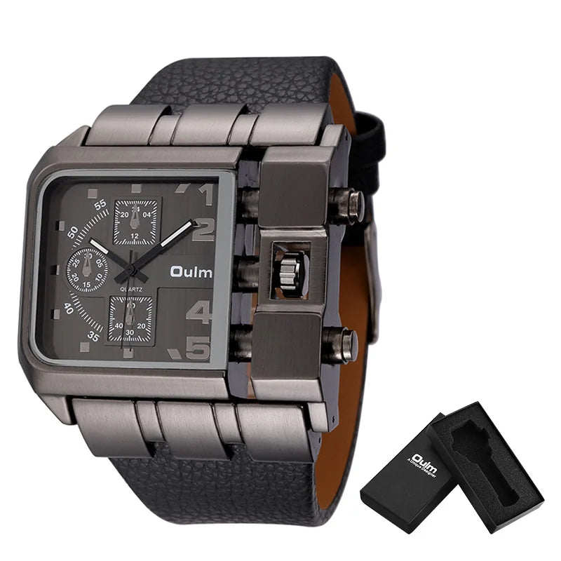 Oulm marca 3364 design exclusivo quadrado relógio de pulso masculino largo grande mostrador casual pulseira de couro relógio de quartzo masculino relógios esportivos
