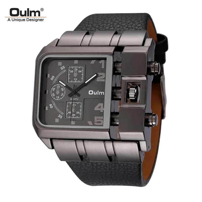 Oulm marca 3364 design exclusivo quadrado relógio de pulso masculino largo grande mostrador casual pulseira de couro relógio de quartzo masculino relógios esportivos