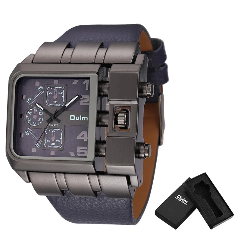 Oulm marca 3364 design exclusivo quadrado relógio de pulso masculino largo grande mostrador casual pulseira de couro relógio de quartzo masculino relógios esportivos