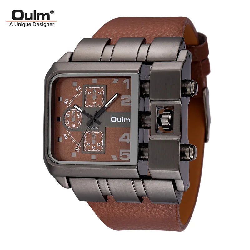 Oulm marca 3364 design exclusivo quadrado relógio de pulso masculino largo grande mostrador casual pulseira de couro relógio de quartzo masculino relógios esportivos