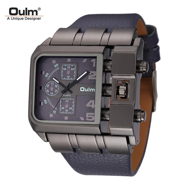 Oulm marca 3364 design exclusivo quadrado relógio de pulso masculino largo grande mostrador casual pulseira de couro relógio de quartzo masculino relógios esportivos