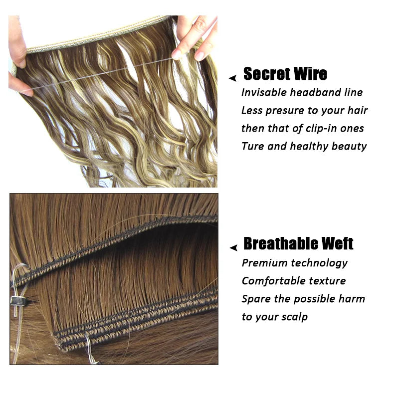 Jeedou One Piece Synthetic Hair Extension No Clips Whit Invisible Line Straight&Wavy Hair Hairpieces Brown Blue Ombre Color