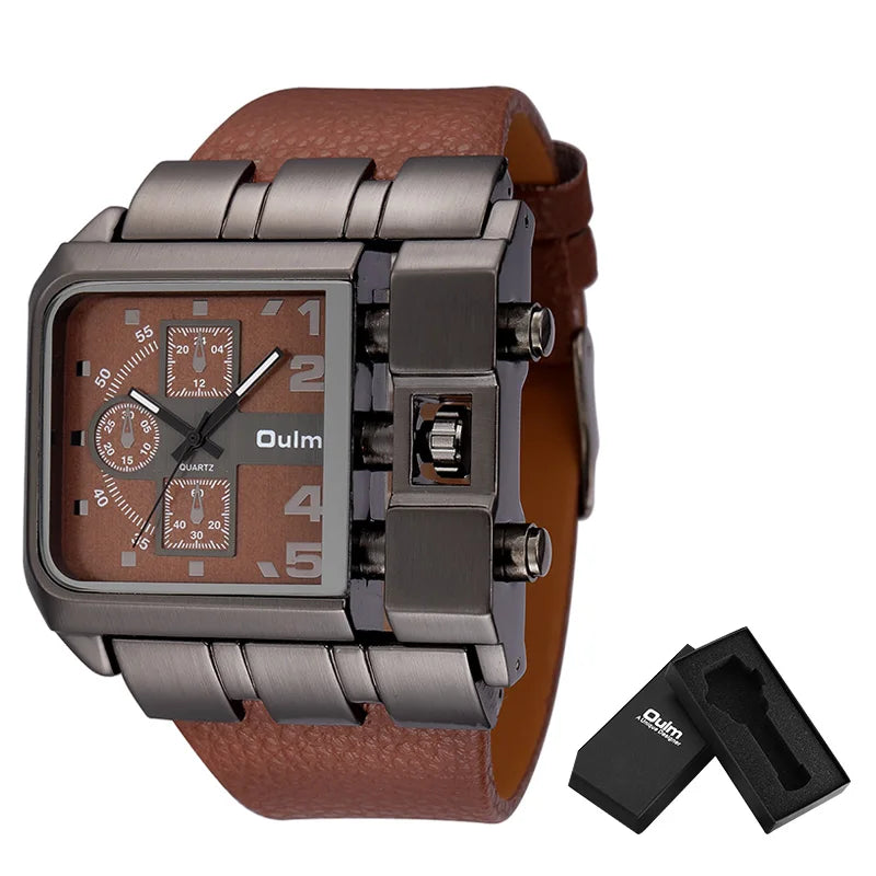 Oulm marca 3364 design exclusivo quadrado relógio de pulso masculino largo grande mostrador casual pulseira de couro relógio de quartzo masculino relógios esportivos
