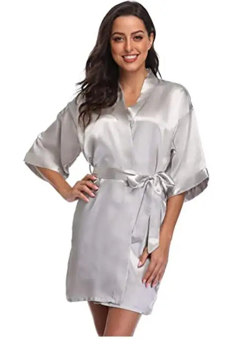 New Silk Kimono Robe Bathrobe Women Silk Bridesmaid Robes Sexy Navy Blue Robes Satin Robe Ladies Dressing Gowns