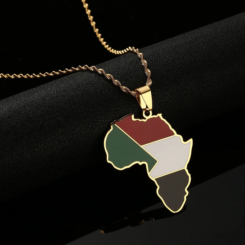 African Original Sudan Flag Pendant Necklaces Stainless Steel Africa Map Jewelry