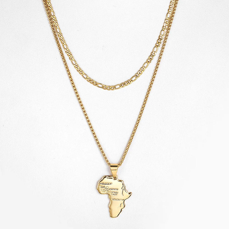 Gold Color Double Chains Africa Map Pendant for Men Women Stainless Steel Box Figaro Link Pendant Necklace Christmas Gift KN647A
