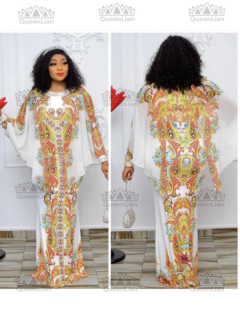 Verão feminino longo africano design chiffon vestido com asas de morcego diamante impressão moda para senhora (cpxf09