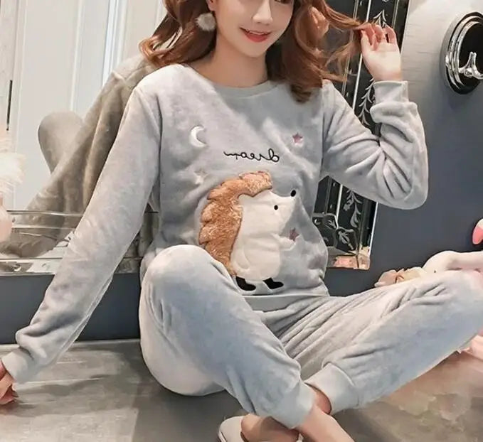 Autumn Winter Women Thicken Coral fleece pajamas set sleepwear Cartoon sweet Long sleeve Home service suit Female WHX01