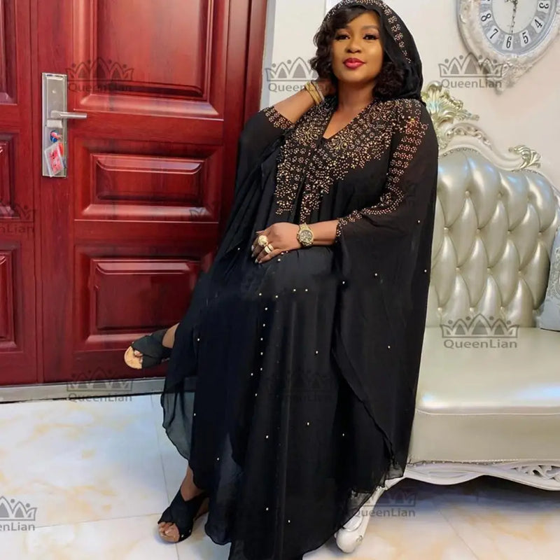 Vestido bazin chiffon dashiki para senhora, vara longa, manga de diamante, novo design africano, 2022, ZCP