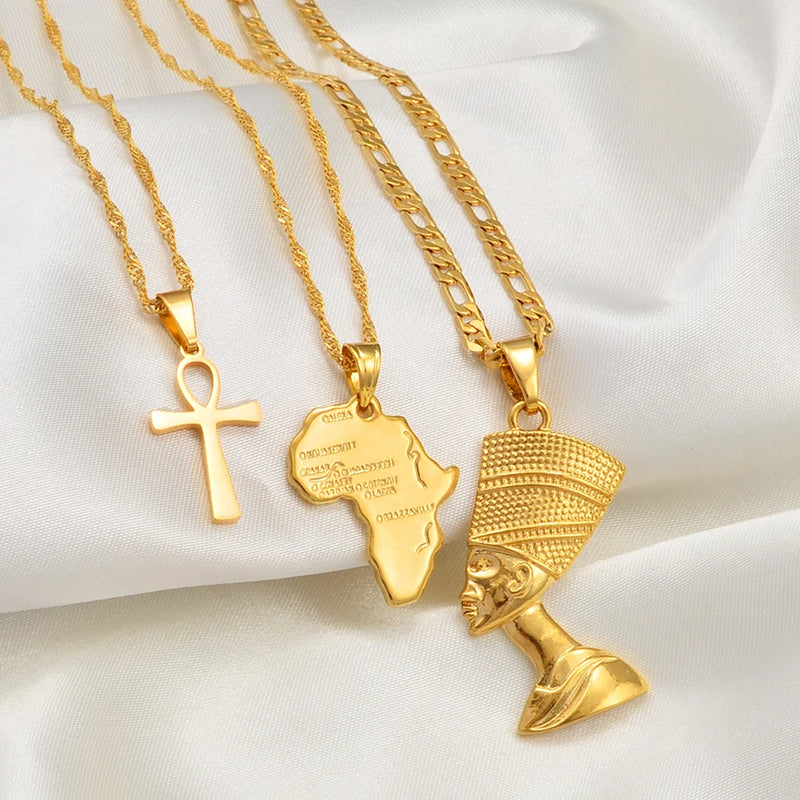 Anniyo 3pcs Necklaces Together Ankh Nefertiti Africa Map Pendant Gold/Silver Color Birthday Party Ethnic Jewelry Women