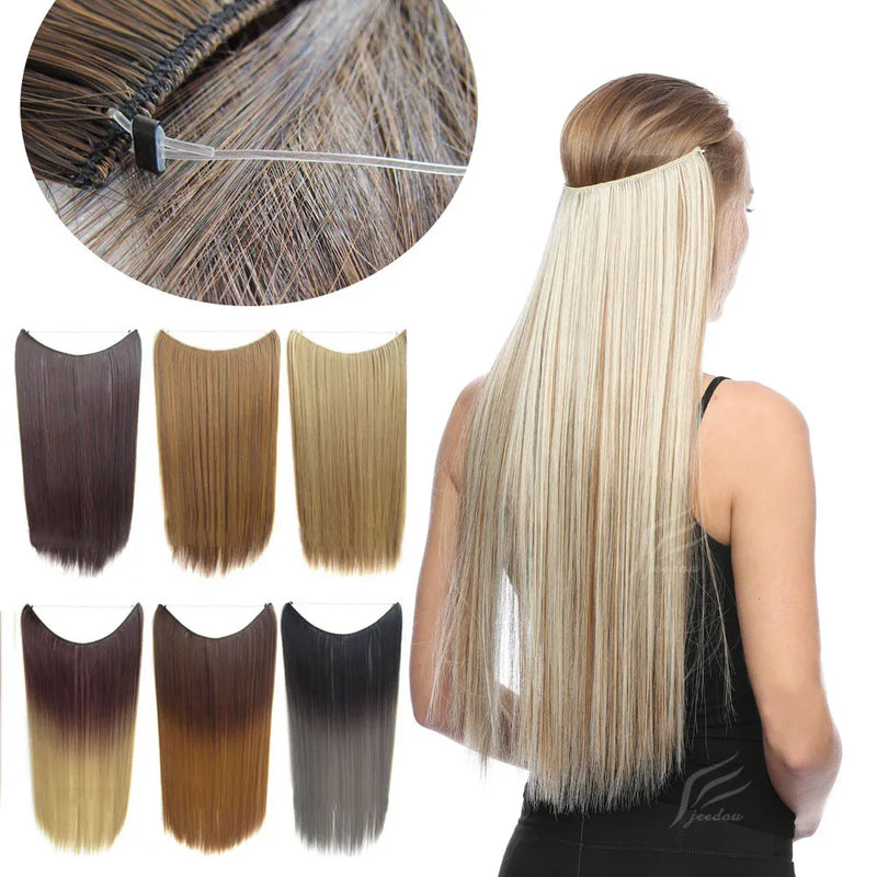 Jeedou One Piece Synthetic Hair Extension No Clips Whit Invisible Line Straight&Wavy Hair Hairpieces Brown Blue Ombre Color
