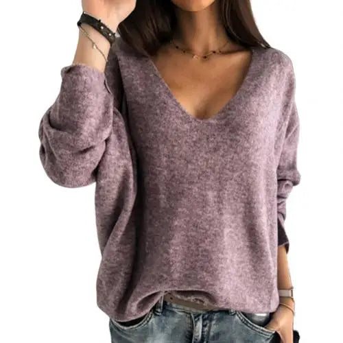 Women Autumn Loose Solid Color V Neck Long Sleeve Plush Pullover Sweater Top