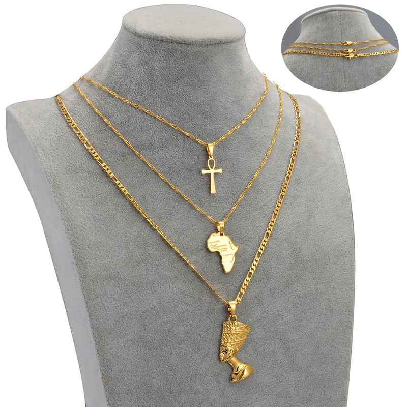 Anniyo 3pcs Necklaces Together Ankh Nefertiti Africa Map Pendant Gold/Silver Color Birthday Party Ethnic Jewelry Women