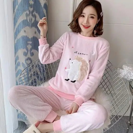 Autumn Winter Women Thicken Coral fleece pajamas set sleepwear Cartoon sweet Long sleeve Home service suit Female WHX01